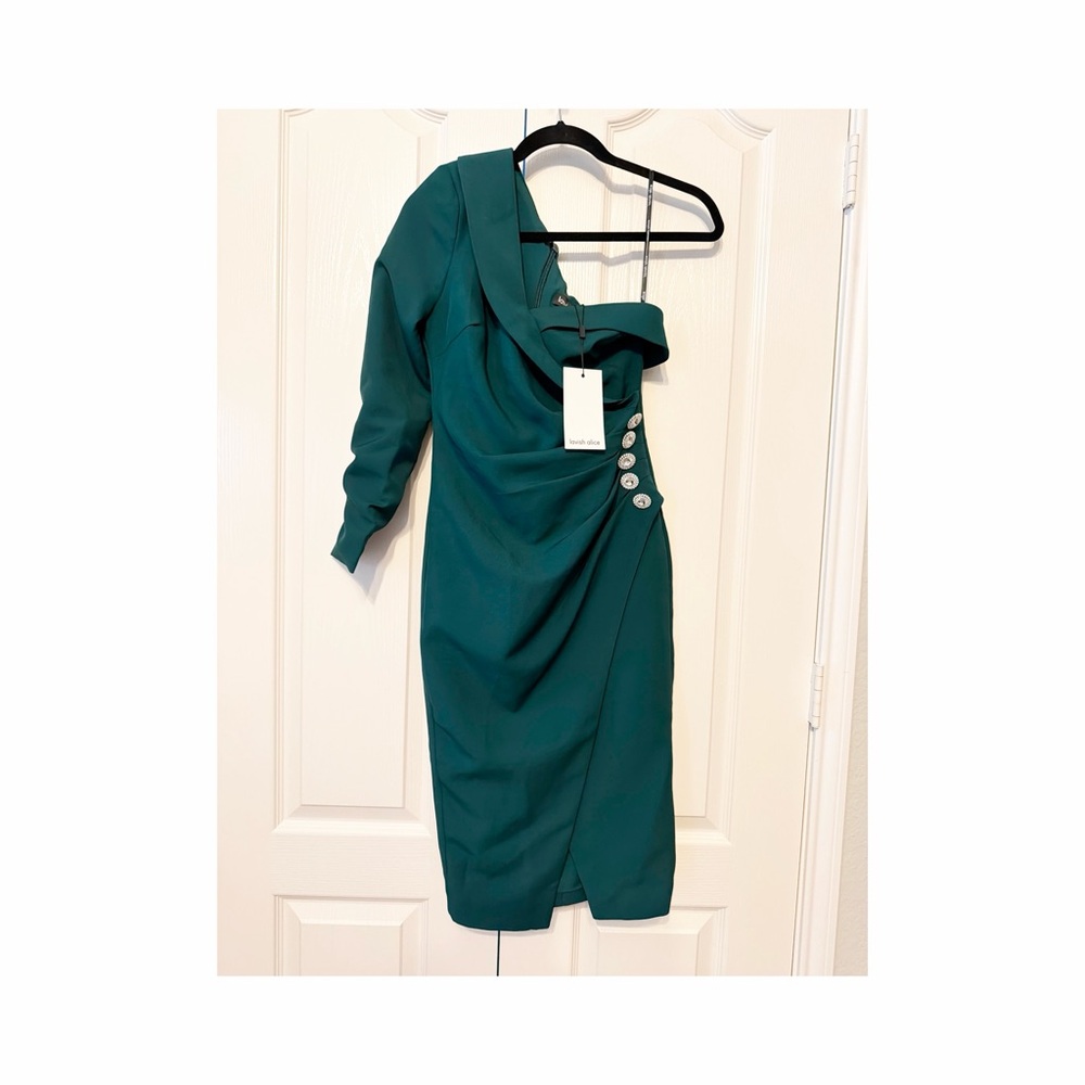 Lavish Alice Teal One-Shoulder Ruched Midi Dress with Embellished Buttons
